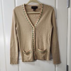 Vintage Donna Karan 100% Wool Cardigan, Beige with Green and Orange Trim. Medium